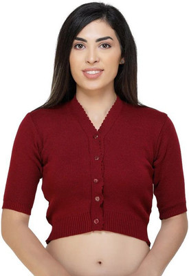 LITHISA Self Design, Solid V Neck Casual Women Maroon Sweater
