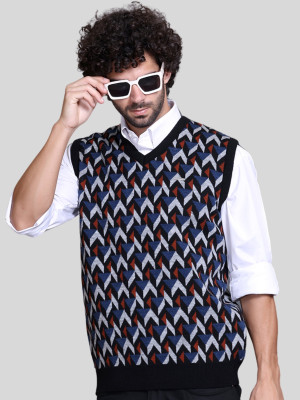 GODFREY Geometric Print V Neck Casual Men Blue Sweater