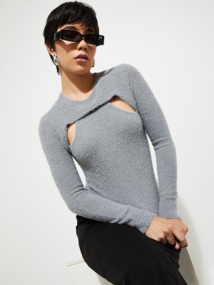 MAX Printed Round Neck Casual Women Grey Sweater