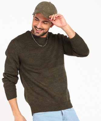 NUMERO UNO Woven Crew Neck Casual Men Green Sweater