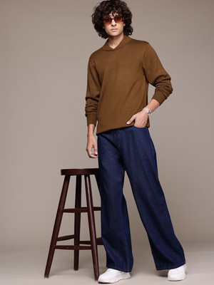 Roadster Solid Mandarin Neck Casual Men Brown Sweater