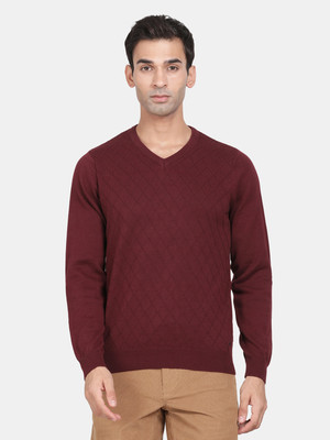 t-base Solid V Neck Casual Men Maroon Sweater