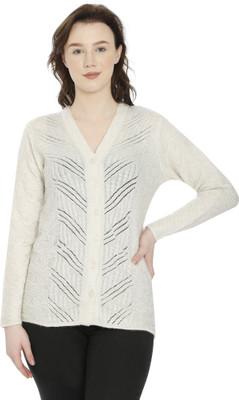 Hautemoda Self Design V Neck Casual Women White Sweater