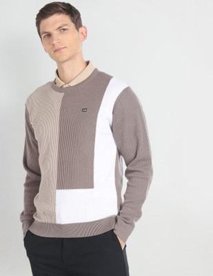 Arrow Sport Colorblock Crew Neck Casual Men Brown Sweater