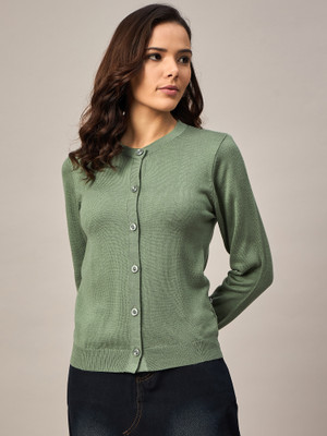 Roadster Self Design Mandarin Neck Casual Women Green Sweater