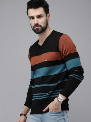 Roadster Colorblock V Neck Casual Men Black Sweater