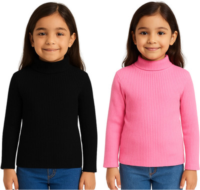 Chiclift Solid High Neck Casual Baby Girls Black, Pink Sweater
