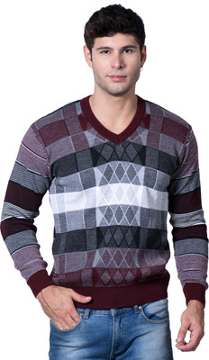 NICO WESLEY Printed V Neck Casual Men Maroon Sweater