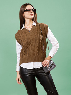 CHEMISTRY Self Design V Neck Casual Women Brown Sweater