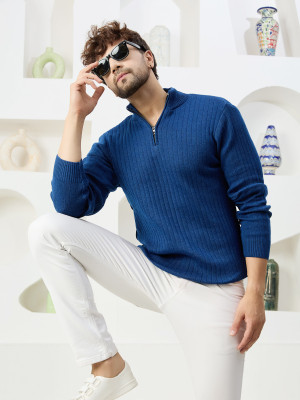 KVETOO Self Design High Neck Casual Men Blue Sweater