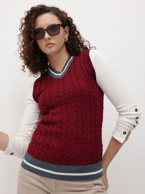 Roadster Self Design V Neck Casual Women Maroon Sweater