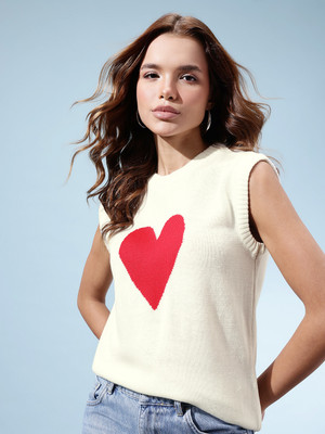 kasam Printed Round Neck Casual Women White Sweater