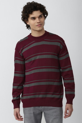 FOREVER 21 Striped Round Neck Casual Men Red Sweater