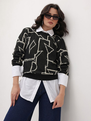 Roadster Self Design Round Neck Casual Women Black Sweater