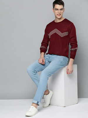 Mast & Harbour Self Design Round Neck Casual Men Maroon Sweater