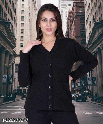 Ravi Gold Print Solid V Neck Casual Women Black Sweater