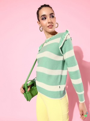 Roadster Striped Round Neck Casual Women Green Sweater