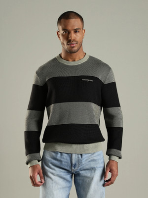 TOMMY HILFIGER Striped Crew Neck Casual Men Grey, Black Sweater