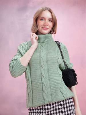 Dressberry Self Design Round Neck Casual Women Green Sweater
