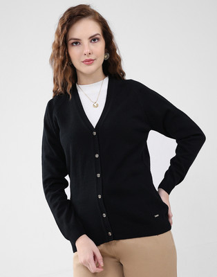 MONTE CARLO Solid V Neck Casual Women Black Sweater