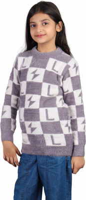 MStyle Colorblock, Self Design Round Neck Casual Girls Grey Sweater