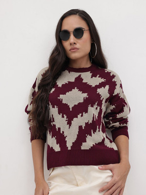 Roadster Self Design Round Neck Casual Women Maroon Sweater