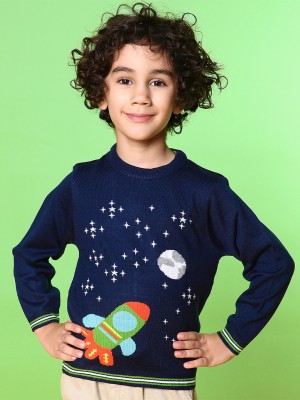 NautiNati Self Design Round Neck Casual Boys Dark Blue Sweater