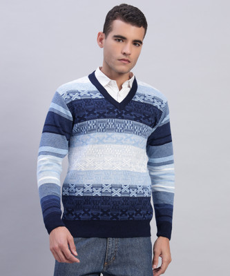 WILLEY Geometric Print V Neck Casual Men Blue Sweater