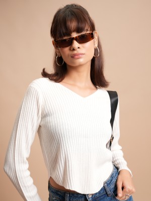 Tokyo Talkies Solid Scoop Neck Casual Women White Sweater