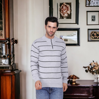 FUKUSO Striped Round Neck Casual Men Grey Sweater