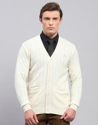 MONTE CARLO Self Design V Neck Casual Men White Sweater