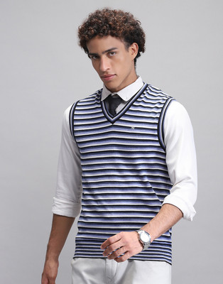 MONTE CARLO Striped V Neck Casual Men Dark Blue Sweater