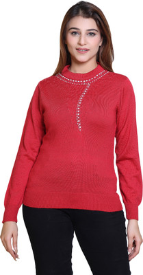 Ogarti Solid Round Neck Casual Women Red Sweater