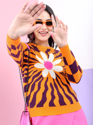 Tokyo Talkies Floral Print Round Neck Casual Women Yellow Sweater