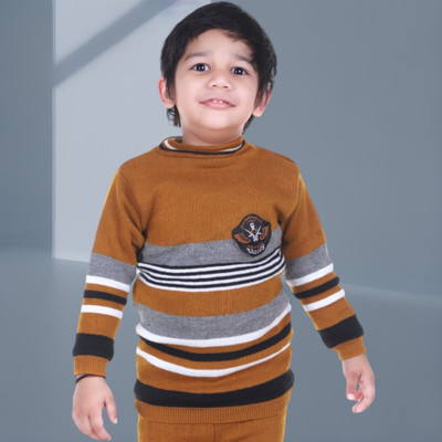 GTwo Striped Round Neck Casual Boys Gold Sweater