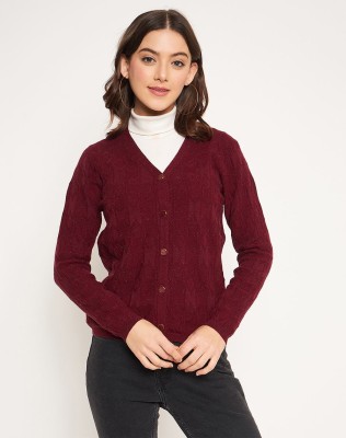 MADAME Woven V Neck Casual Women Maroon Sweater