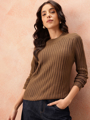 all about you Solid Round Neck Casual Women Brown Sweater