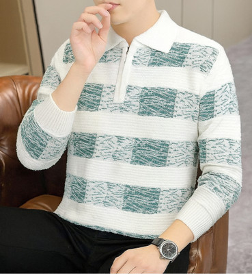 Plus91 Self Design Collared Neck Casual Men Green, White Sweater