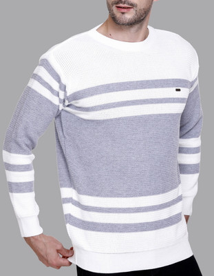 eWools Striped Round Neck Casual Men White Sweater