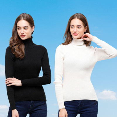 LITHISA Solid, Self Design High Neck Casual Women Black, White Sweater
