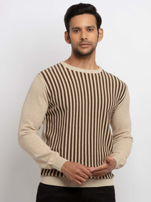 Status Quo Striped Round Neck Casual Men Beige Sweater