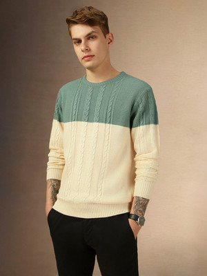 Dennis Lingo Colorblock Round Neck Casual Men Beige, Green Sweater