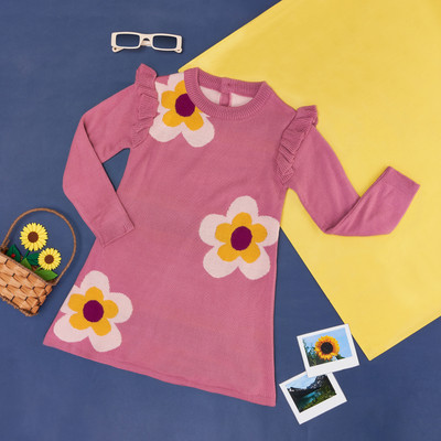 Pantaloons Junior Floral Print Round Neck Casual Girls Pink Sweater