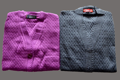 Shunit creation Self Design V Neck Lounge Wear Women Grey, Purple Sweater