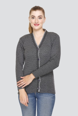Ozarro Printed V Neck Casual Women Grey Sweater