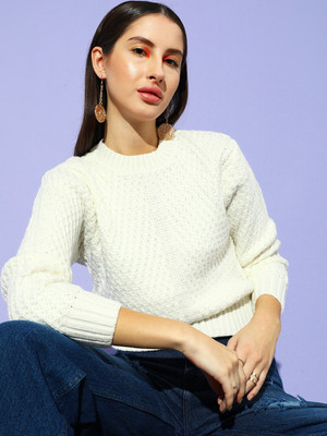 STREET9 Self Design Round Neck Casual Women White Sweater
