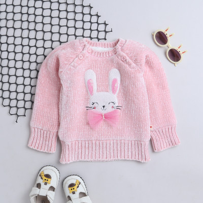 Yellow Apple Self Design Round Neck Casual Girls Pink Sweater