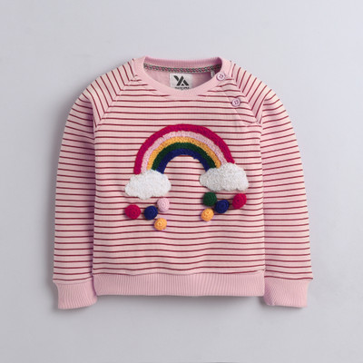 Yellow Apple Printed, Striped Round Neck Casual Girls Pink Sweater