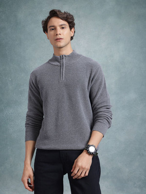 Roadster Printed High Neck Casual Men Grey Sweater