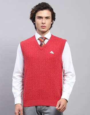 MONTE CARLO Self Design V Neck Casual Men Red Sweater